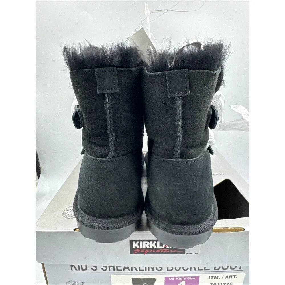NEW Kirkland Signature Kids' Shearling Buckle Boots - Size 4 Black